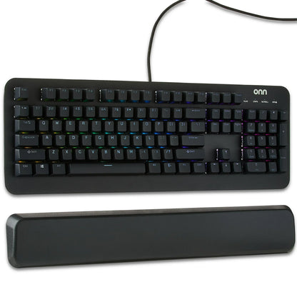 Black onn RGB gaming keyboard with wired connection and wrist rest, modern setup