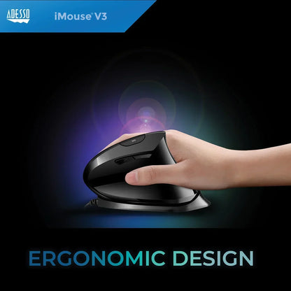 Hand using black ergonomic vertical mouse with buttons and glowing background, labeled iMouse V3