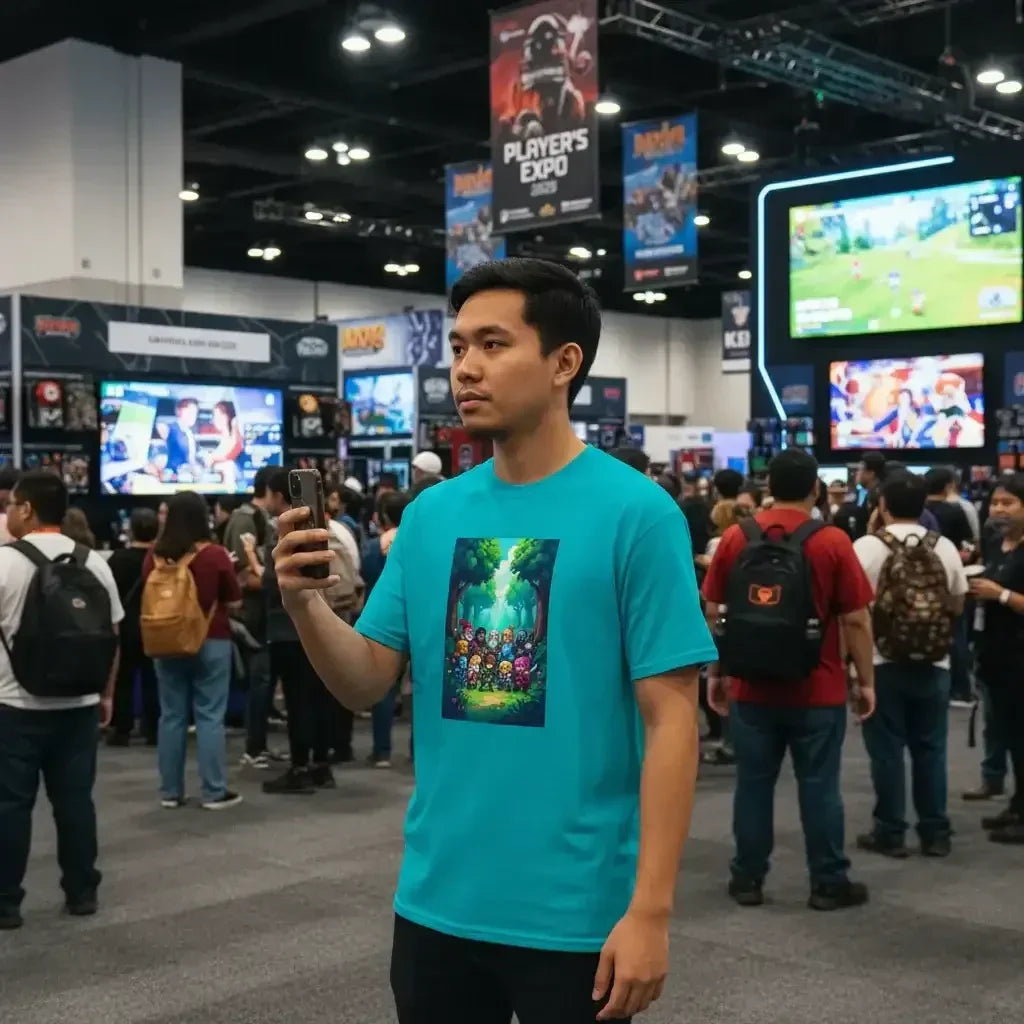 Man in blue graphic t-shirt holding smartphone at crowded gaming convention with digital game displays