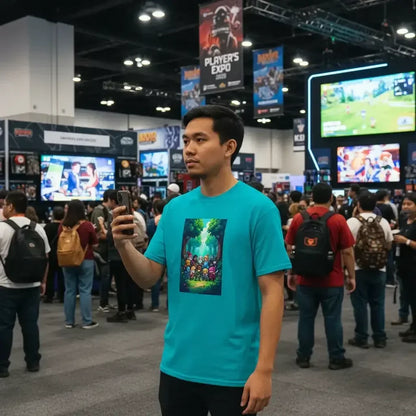 Man in blue graphic t-shirt holding smartphone at crowded gaming convention with digital game displays