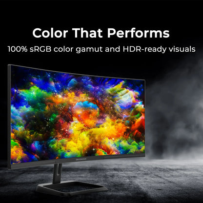 Curved DECOGEAR monitor showcasing vivid colorful HDR visuals with 100% sRGB color gamut