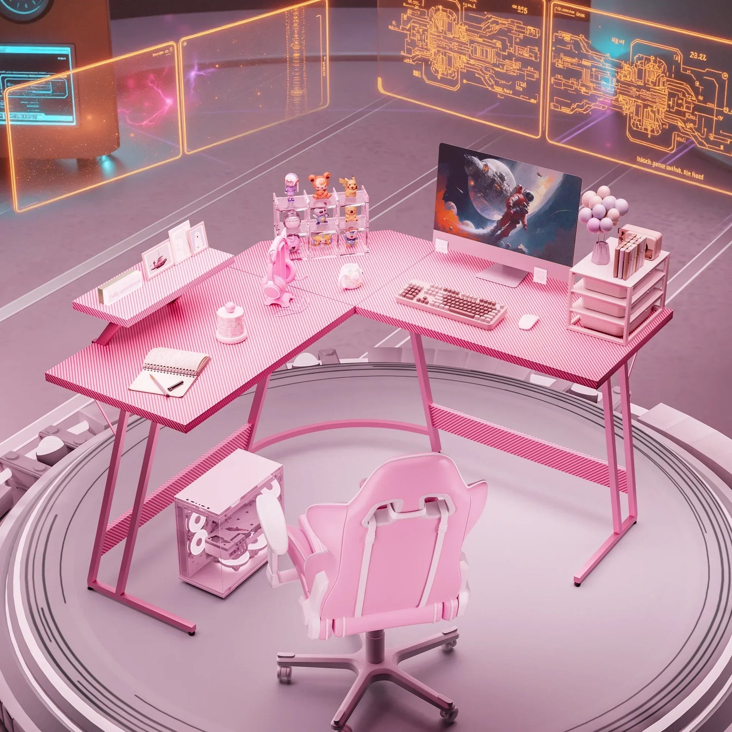 L-Shaped Gaming Desk 51.2 Inches Corner Office Gaming Desk with Removable Monitor Riser, Pink