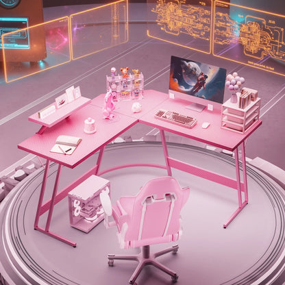 L-Shaped Gaming Desk 51.2 Inches Corner Office Gaming Desk with Removable Monitor Riser, Pink