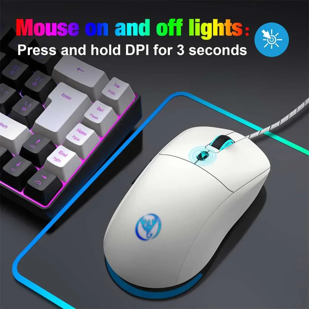 White gaming mouse with blue RGB lighting on mouse pad and keyboard with pink backlight