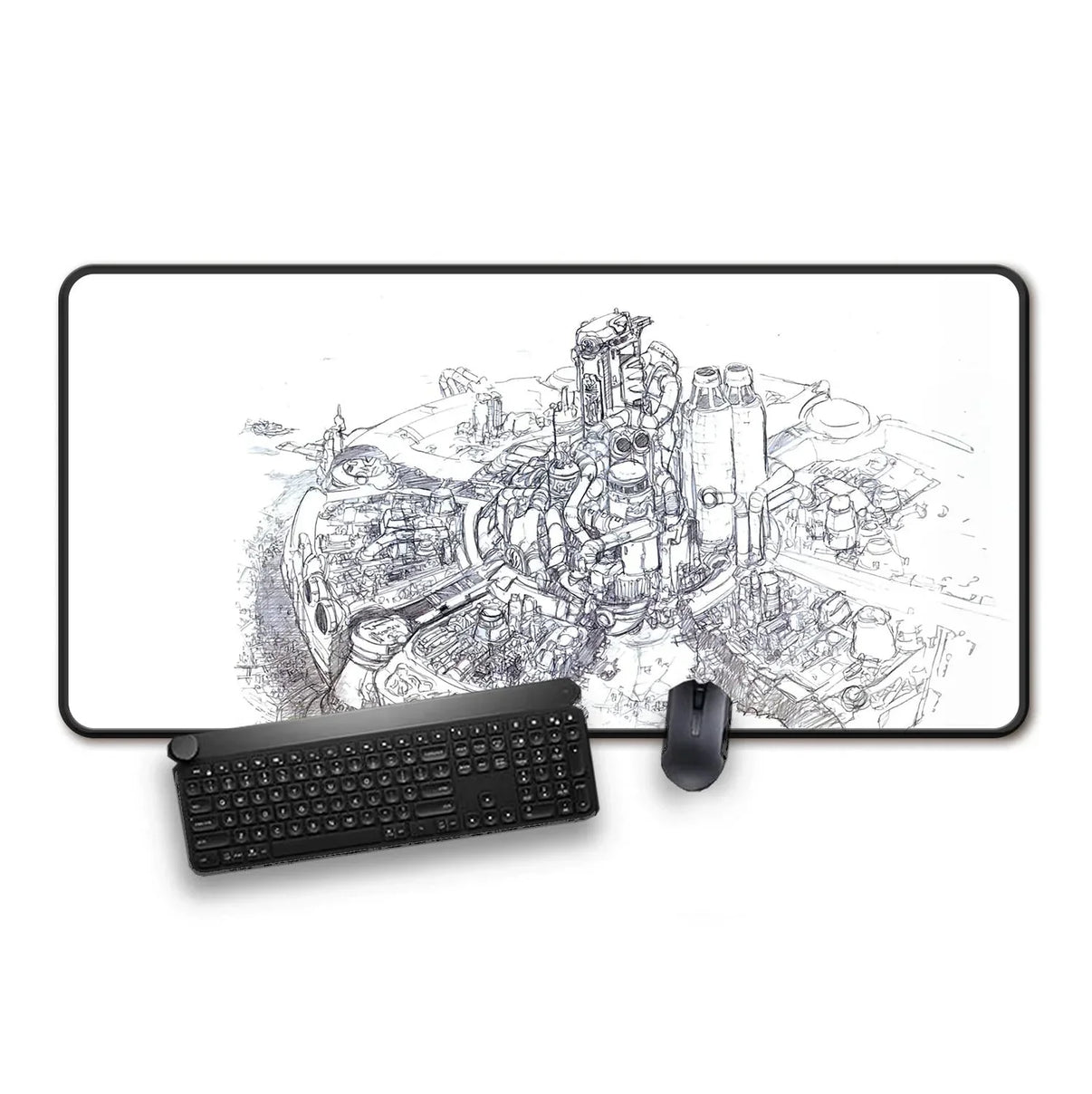 Large white gaming mouse pad with black intricate futuristic industrial city sketch, black gaming keyboard and mouse