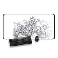 Large white gaming mouse pad with black intricate futuristic industrial city sketch, black gaming keyboard and mouse
