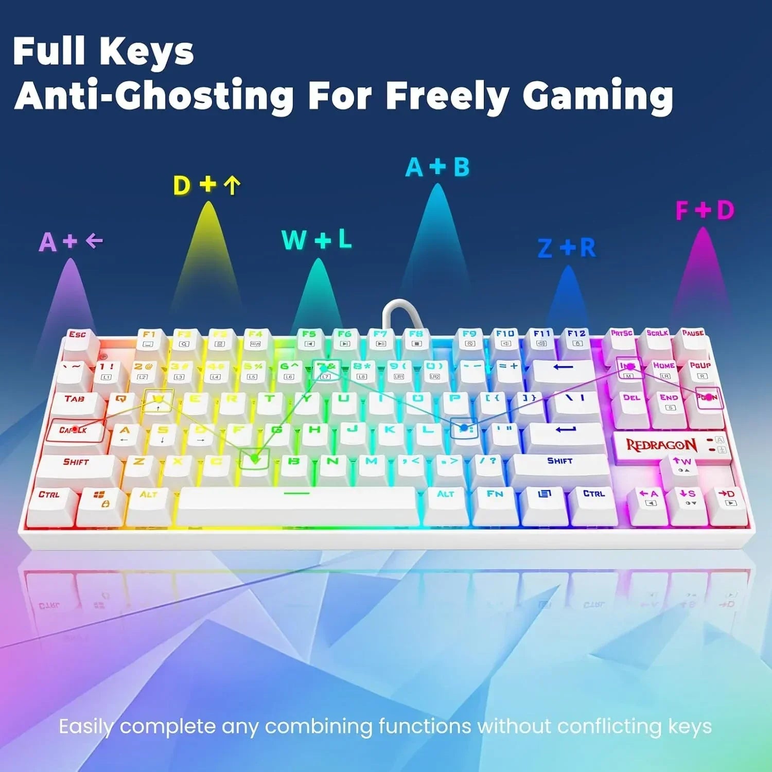 RGB gaming keyboard with anti-ghosting keys, Redragon logo, and colorful backlighting.