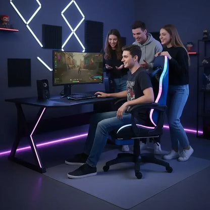Young man gaming on a curved monitor with RGB gaming chair and friends cheering in neon-lit gaming setup