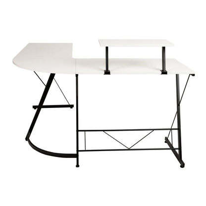 Modern white corner computer desk with raised monitor shelf and black metal frame