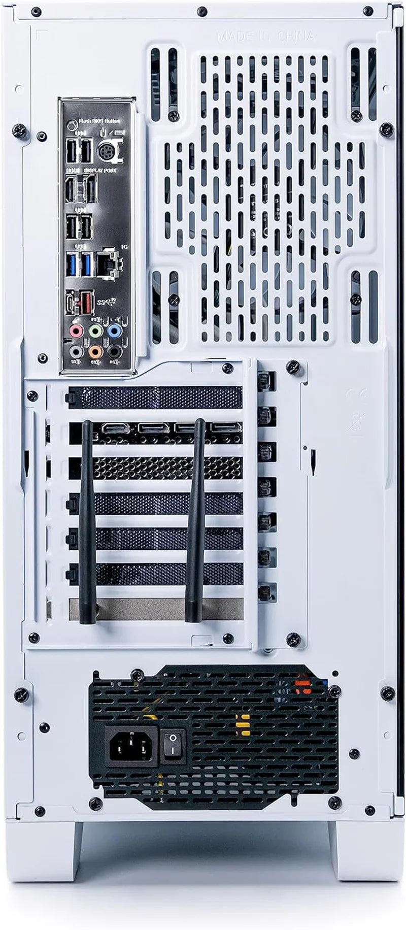 Back panel of white PC case showing various USB ports, audio jacks, Wi-Fi antennas, and power supply vent