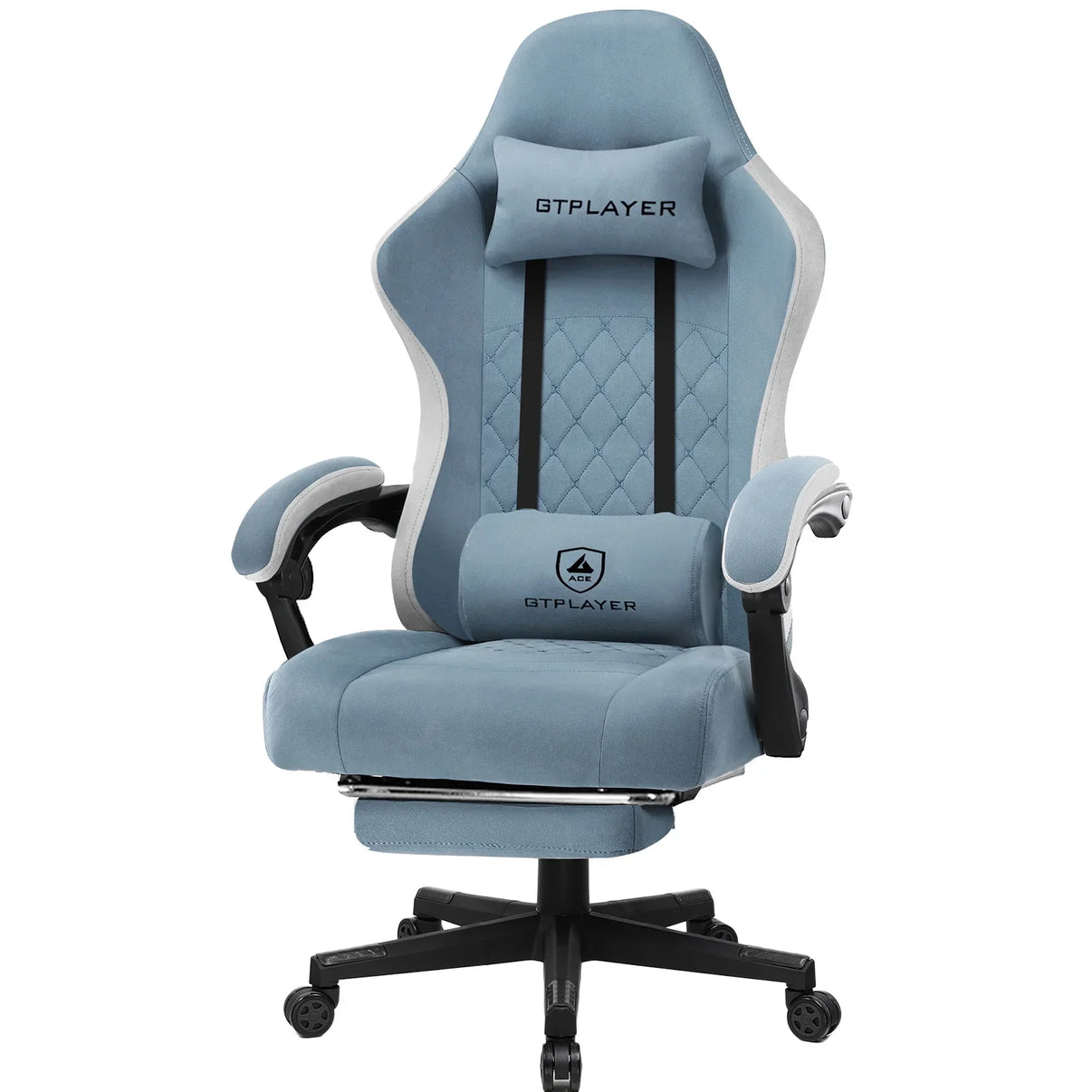 Blue GTPLAYER gaming chair with ergonomic design, headrest pillow, lumbar support, and black wheeled base