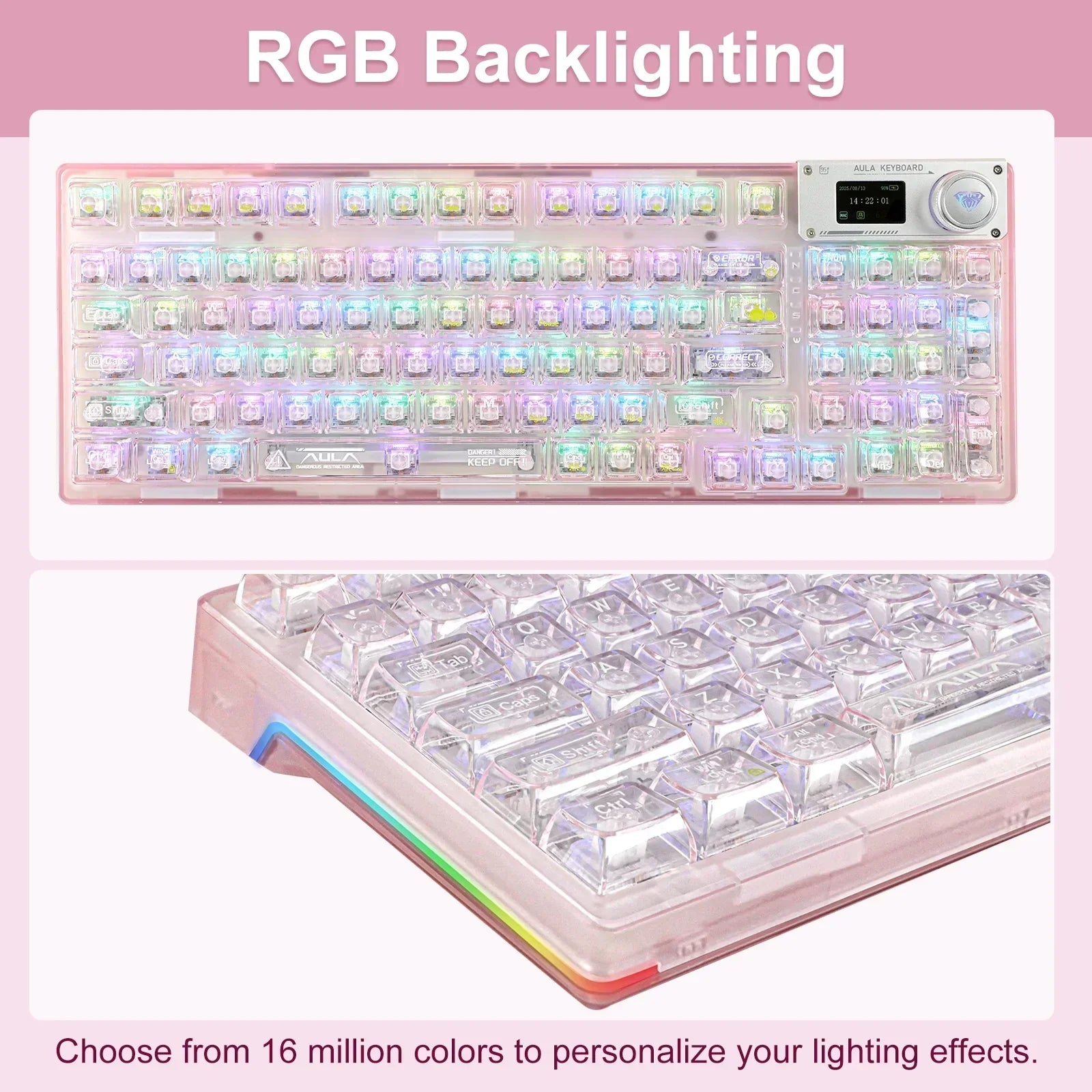 Pink RGB backlit mechanical gaming keyboard with transparent keycaps, pixel-style design.