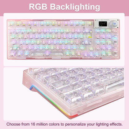 Pink RGB backlit mechanical gaming keyboard with transparent keycaps, pixel-style design.