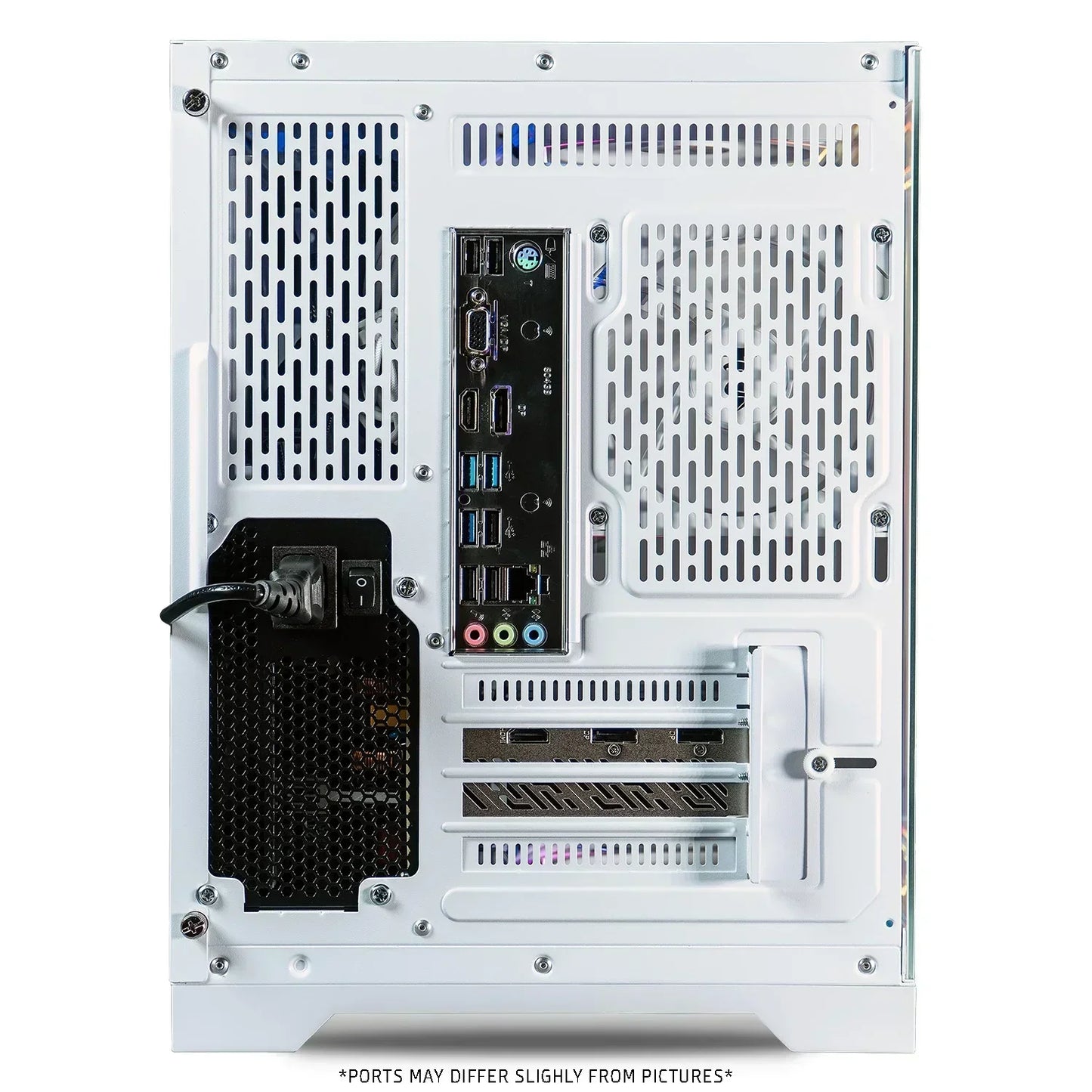 Rear view of a white gaming PC case showing multiple USB, HDMI, audio, and Ethernet ports.