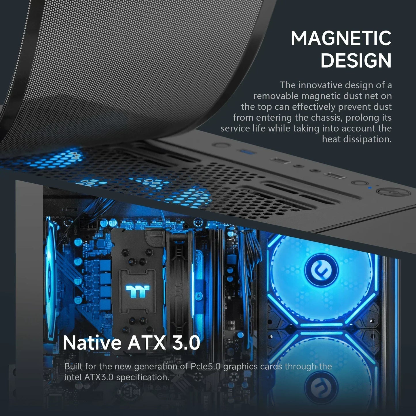 PC case with magnetic dust filter, blue RGB fans, ATX 3.0 support for gaming setups
