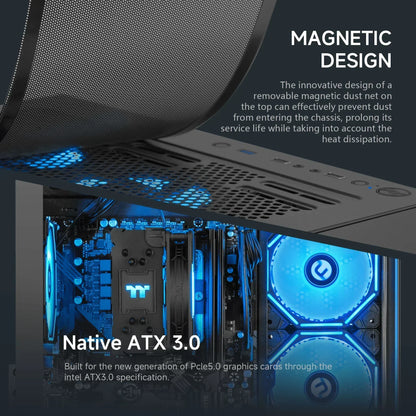 PC case with magnetic dust filter, blue RGB fans, ATX 3.0 support for gaming setups