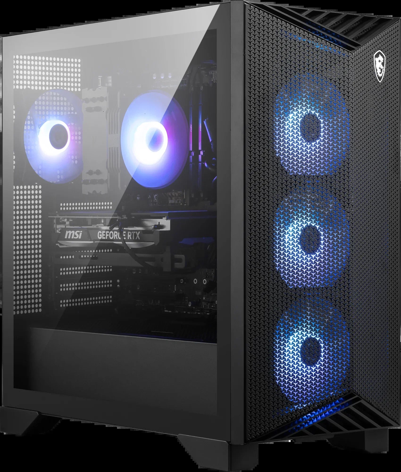 Gaming PC with MSI GeForce RTX graphics card and blue LED cooling fans in black mesh case
