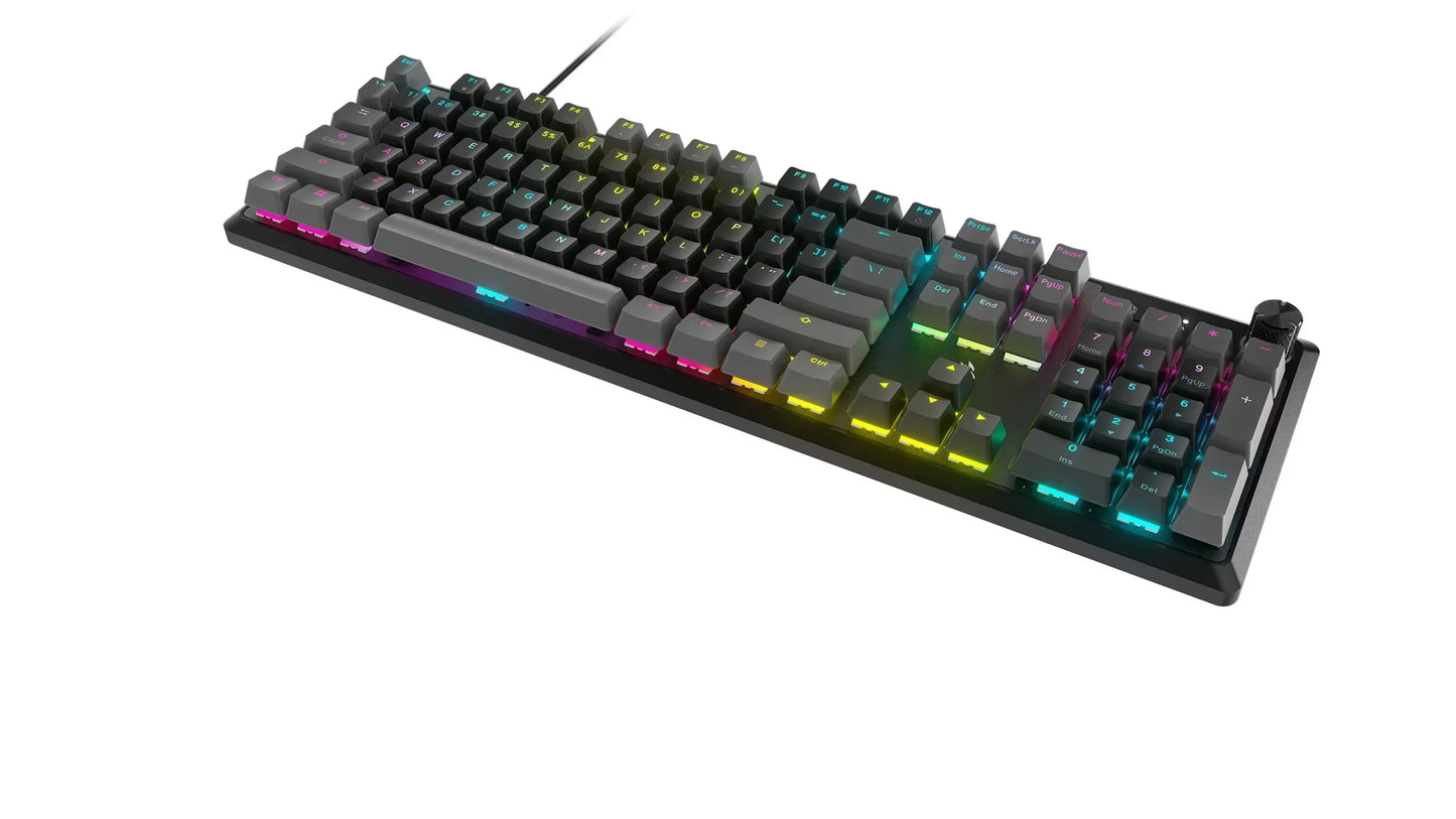 RGB mechanical gaming keyboard with black keycaps and colorful backlighting on white background