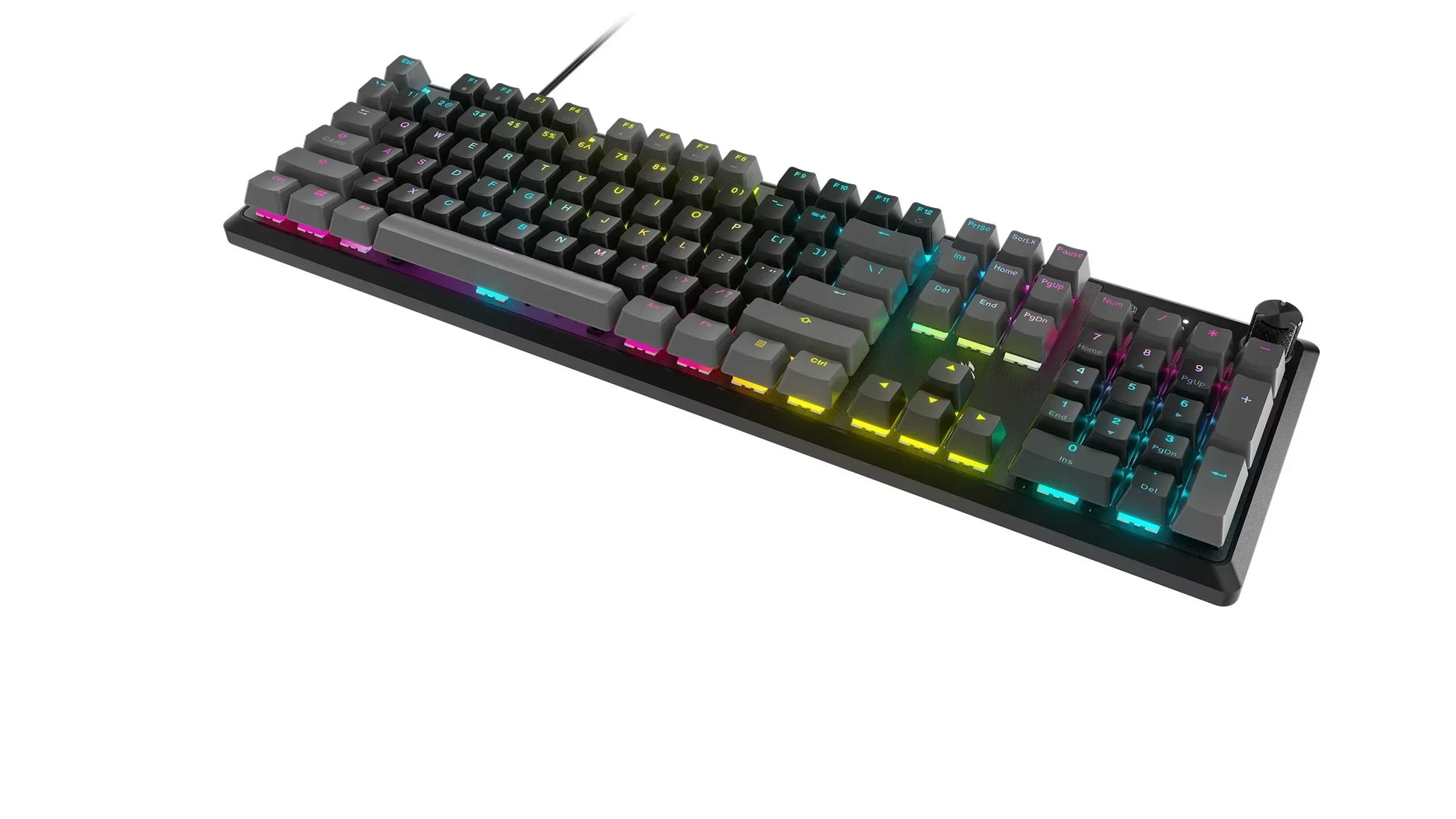 RGB mechanical gaming keyboard with black keycaps and colorful backlighting on white background