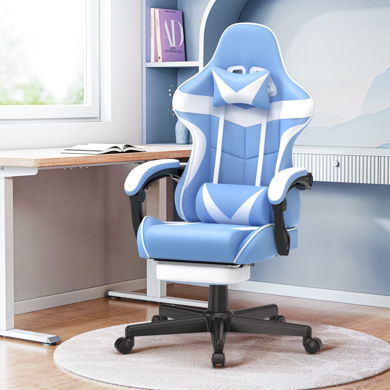 Blue and white gaming chair with lumbar support, adjustable arms, and rolling base in modern desk setup