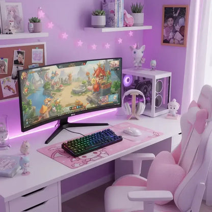 Pink-themed gaming setup with curved monitor displaying game, RGB keyboard, white PC case, and gaming chair