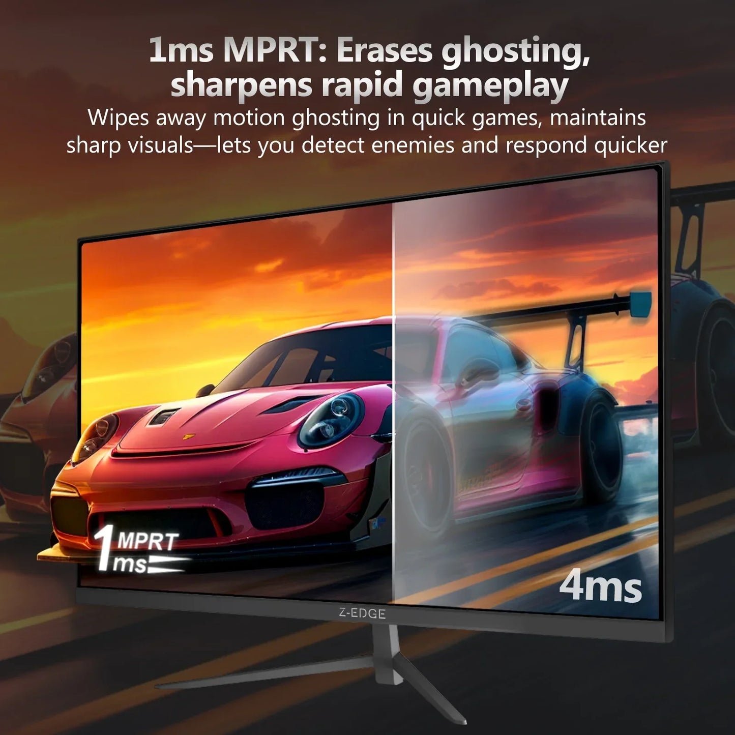 Gaming monitor comparison showing 1ms MPRT vs 4ms response time with clear red sports car image
