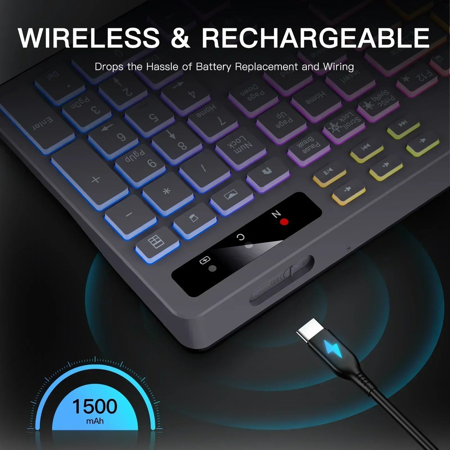 Wireless Keyboard with 7-Color RGB Backlit,  Full-Size Computer Keyboard with Phone Tablet Holder, Rechargeable 2.4G Wireless Gaming Keyboard with Light up Keys, Compatible with Mac,Window,Gray