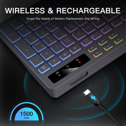 Wireless Keyboard with 7-Color RGB Backlit,  Full-Size Computer Keyboard with Phone Tablet Holder, Rechargeable 2.4G Wireless Gaming Keyboard with Light up Keys, Compatible with Mac,Window,Gray