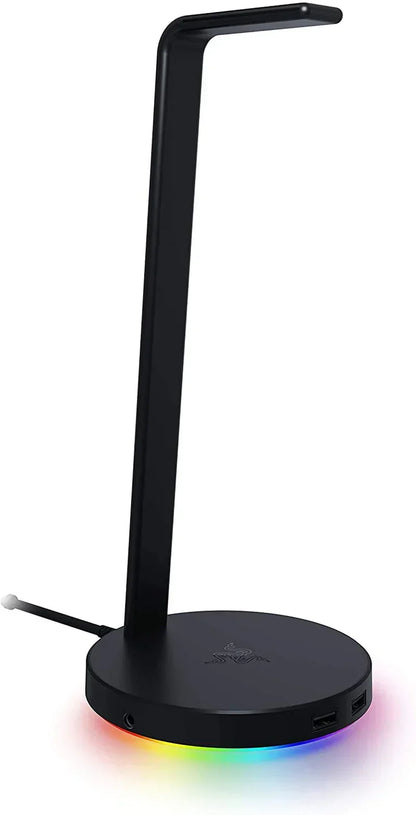 Black RGB gaming headset stand with USB ports and illuminated base on white background.