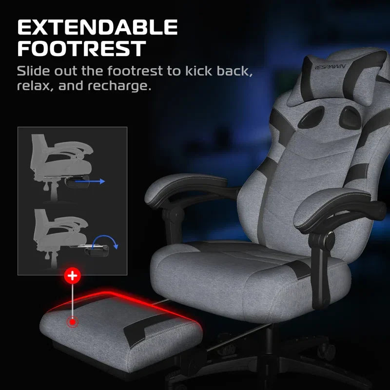 Gray gaming chair with extendable footrest for comfort and relaxation during long sessions