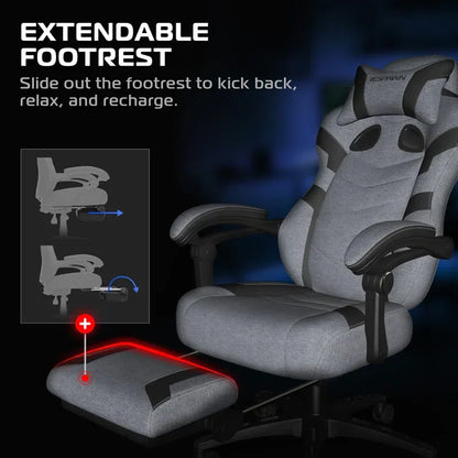 Gray gaming chair with extendable footrest for comfort and relaxation during long sessions