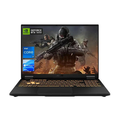 Gaming laptop with NVIDIA GeForce RTX 5050, Intel Core i7, and illuminated keyboard displaying a shooter game