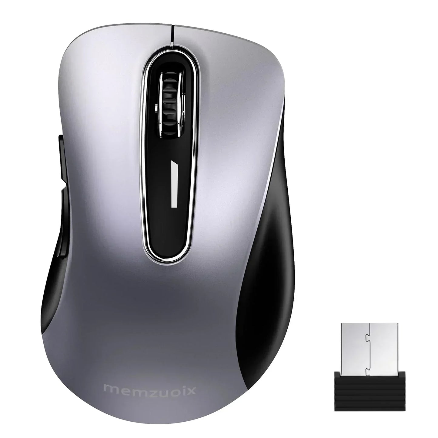 Wireless ergonomic gaming mouse with USB receiver, silver and black design.