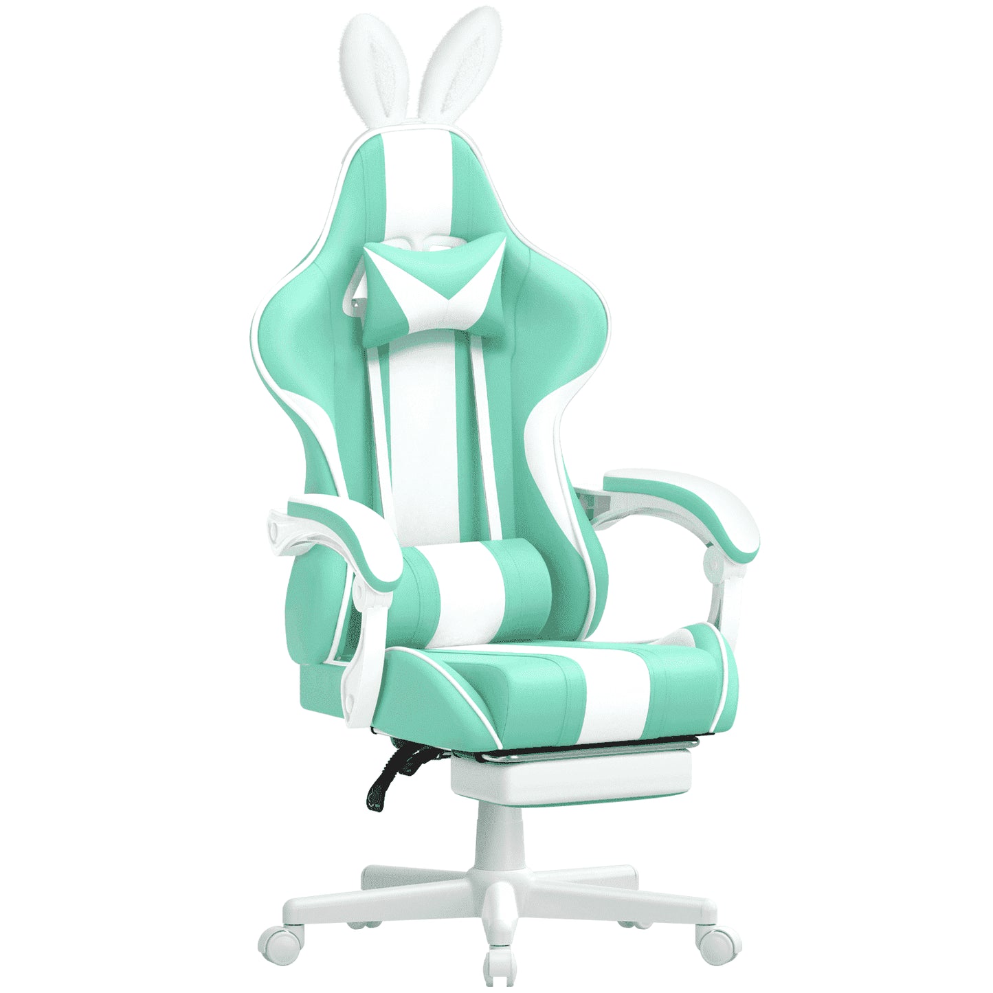 Mint green and white gaming chair with bunny ears, ergonomic design for gamers