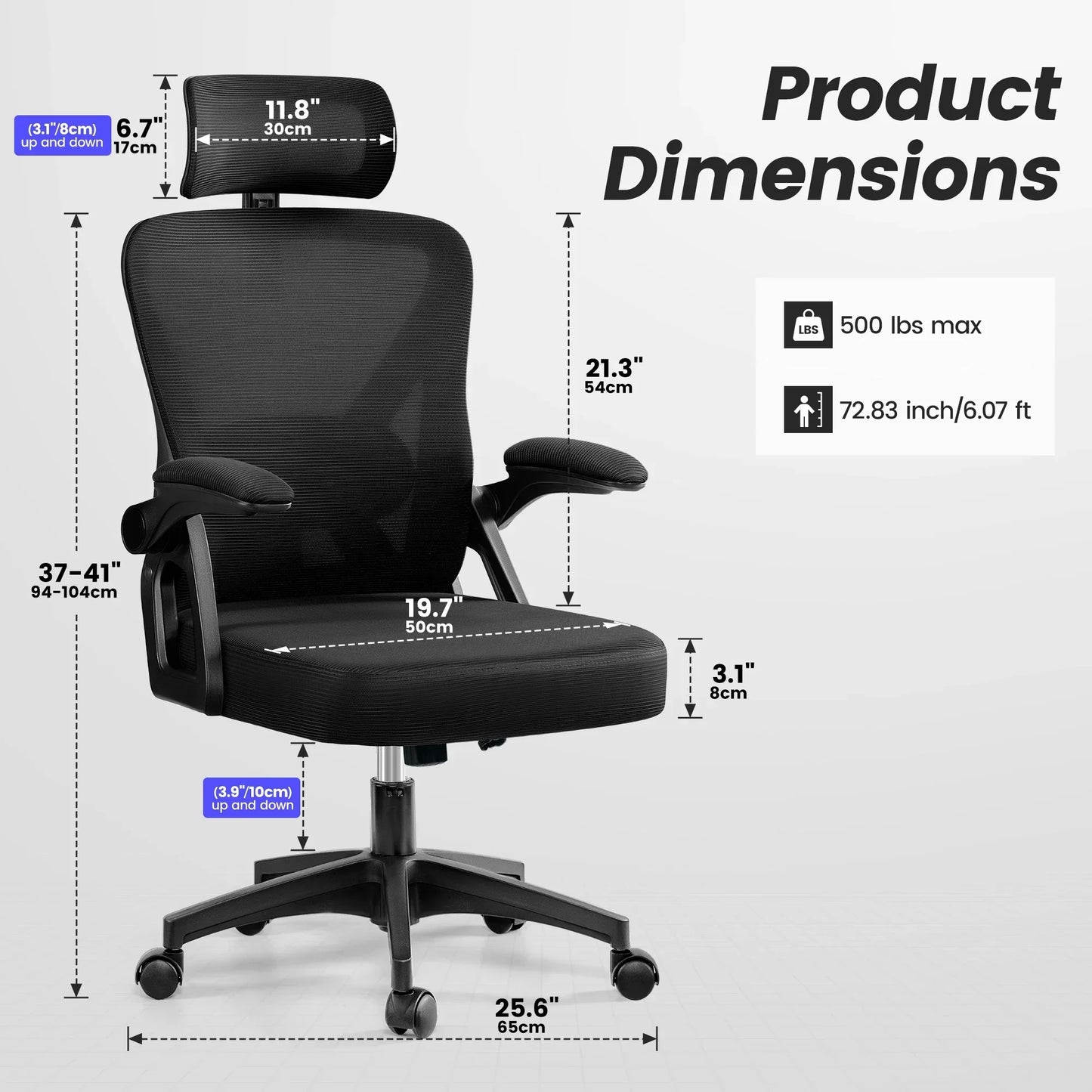 Black ergonomic gaming office chair with adjustable headrest, armrests, and dimensions shown for setup