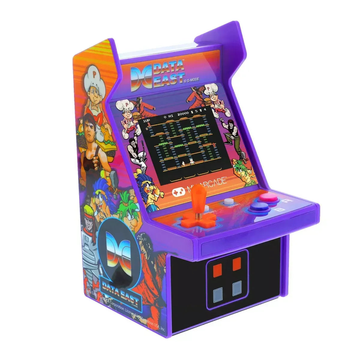 Data East mini arcade cabinet with retro 8-bit artwork and joystick, perfect for gaming setups