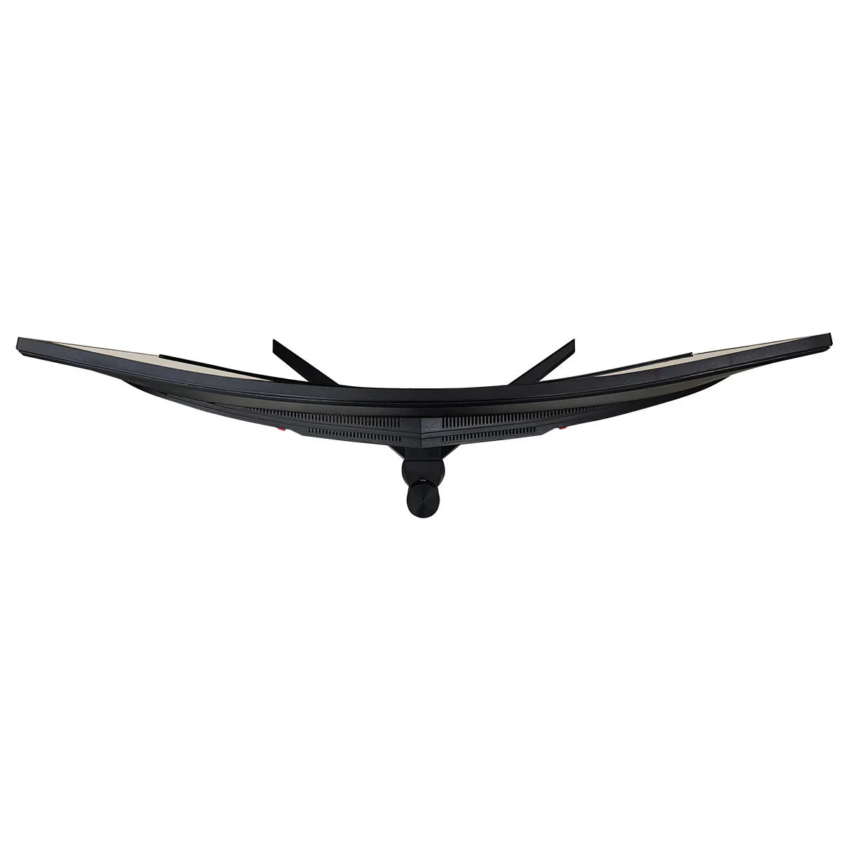 Top view of a wide curved gaming monitor with black stand and ventilation