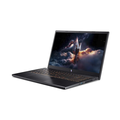 Gaming laptop with backlit keyboard and sci-fi spaceship wallpaper on screen