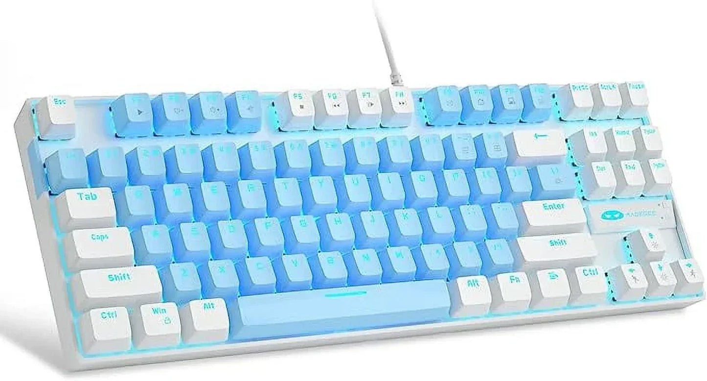 White mechanical gaming keyboard with blue backlit keys, retro 8-bit style, USB wired