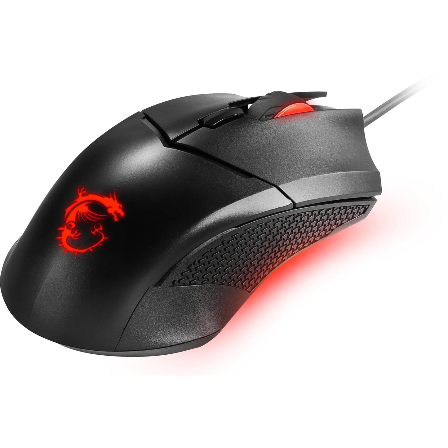 Black wired gaming mouse with red LED dragon logo and illuminated scroll wheel on white background