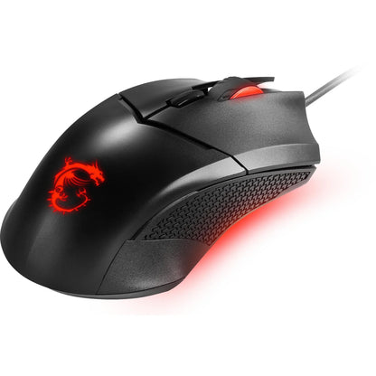 Black wired gaming mouse with red LED dragon logo and illuminated scroll wheel on white background