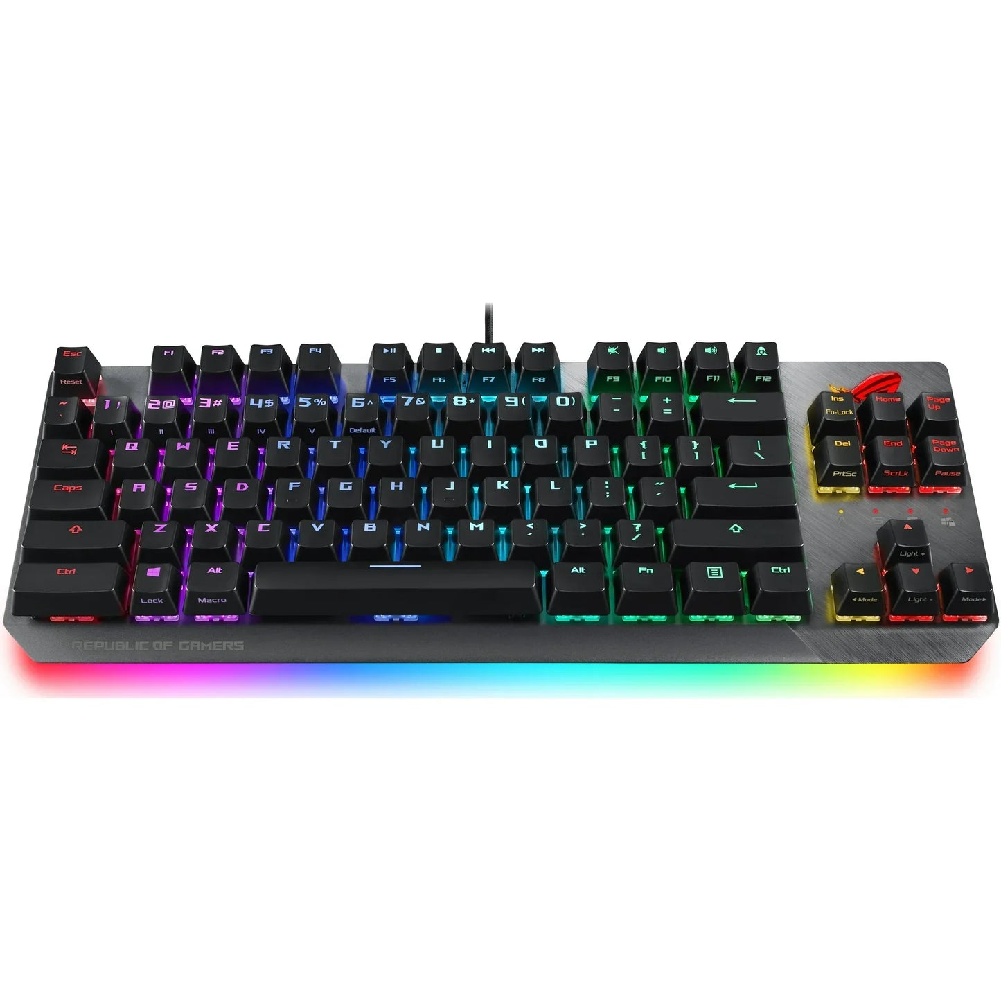 RGB mechanical gaming keyboard with brushed metal base, customizable backlit keys, and dedicated media controls