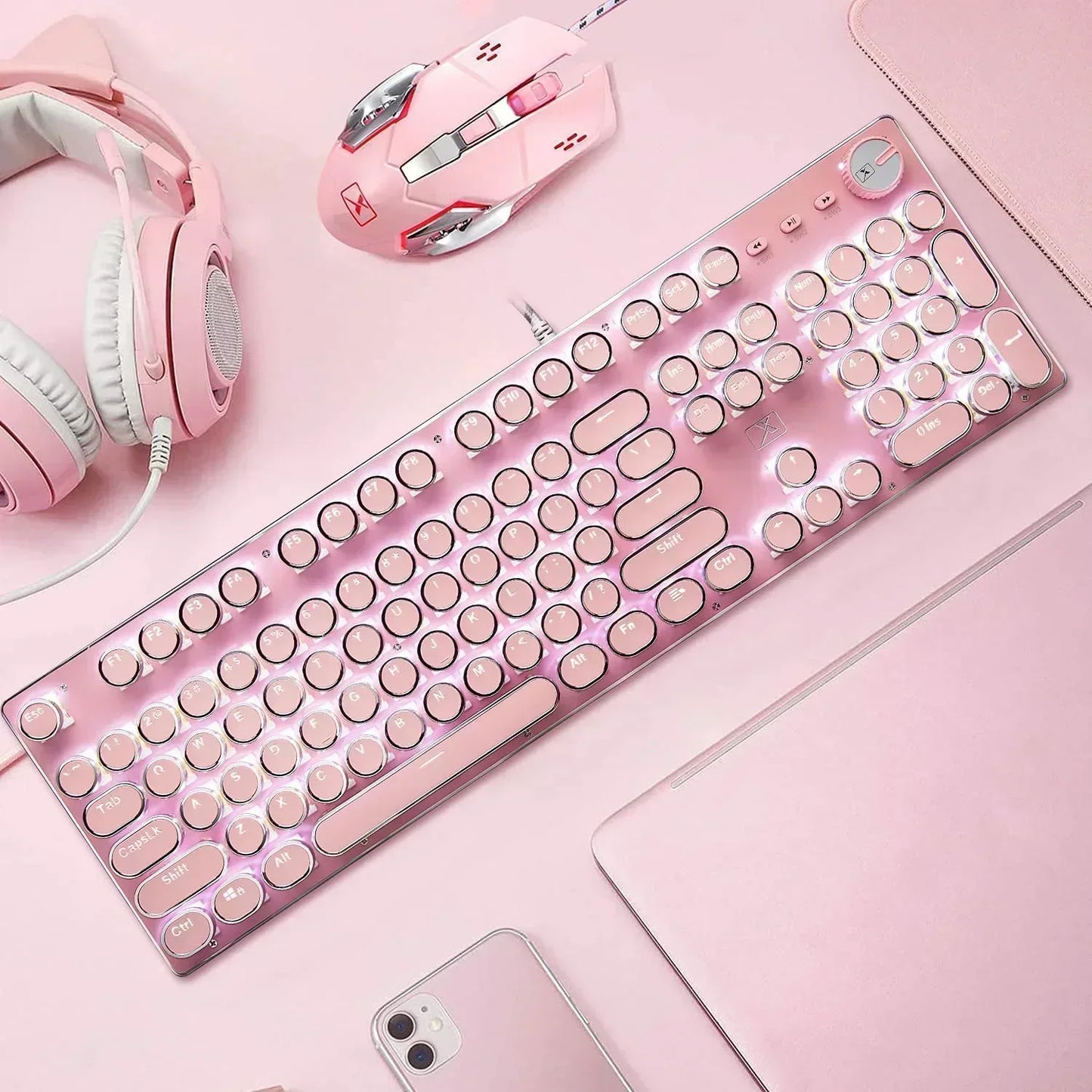 X9 Wired 104 Keys Typewriter Mechanical Gaming Keyboard and Mouse, White LED Backlit for Pc/Mac/Windows
