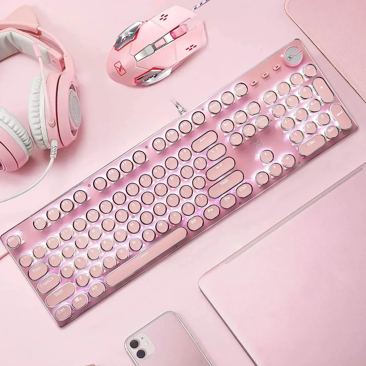 X9 Wired 104 Keys Typewriter Mechanical Gaming Keyboard and Mouse, White LED Backlit for Pc/Mac/Windows