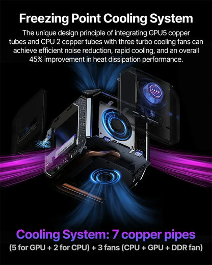 Gaming PC with advanced cooling system, highlighted copper pipes and RGB cooling fans, heat dissipation visual effect.