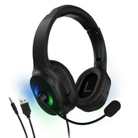Black over-ear gaming headset with RGB lighting, adjustable mic, USB and 3.5mm connectors