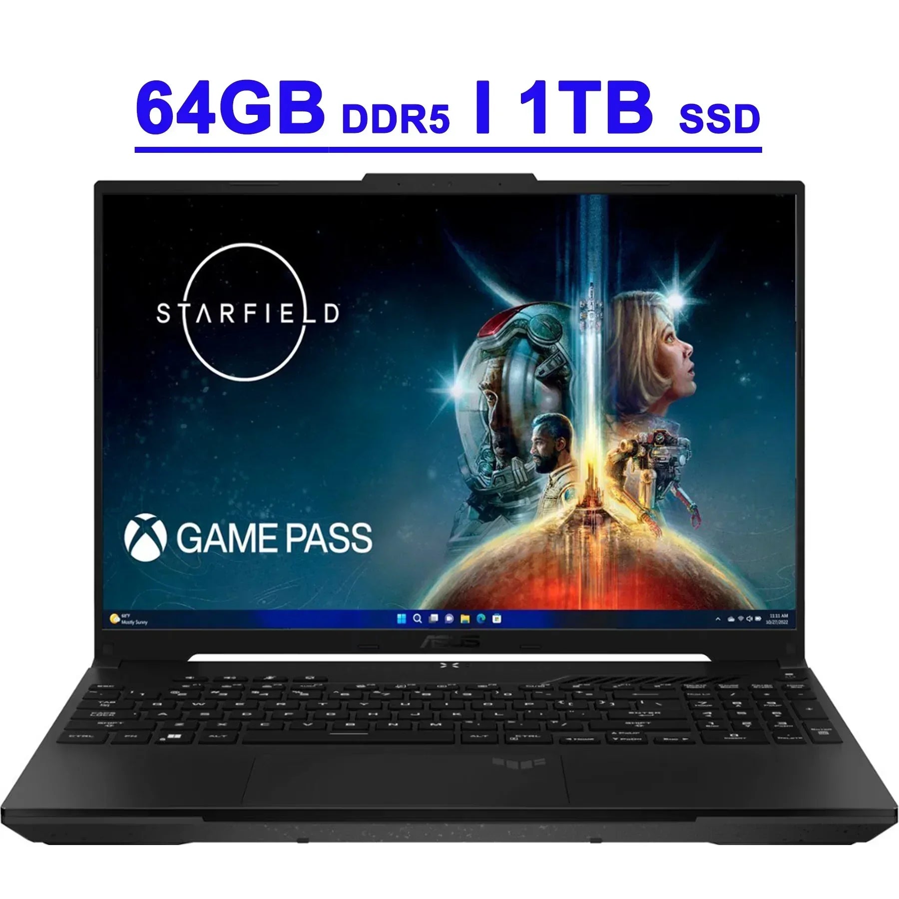 Gaming laptop with 64GB DDR5 RAM, 1TB SSD, showing Starfield and Xbox Game Pass on screen