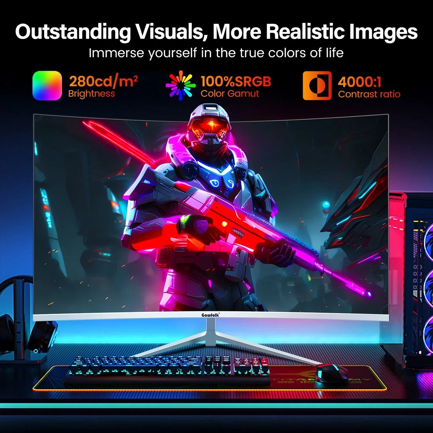Curved gaming monitor displaying sci-fi soldier with vibrant neon colors, RGB keyboard and mouse setup