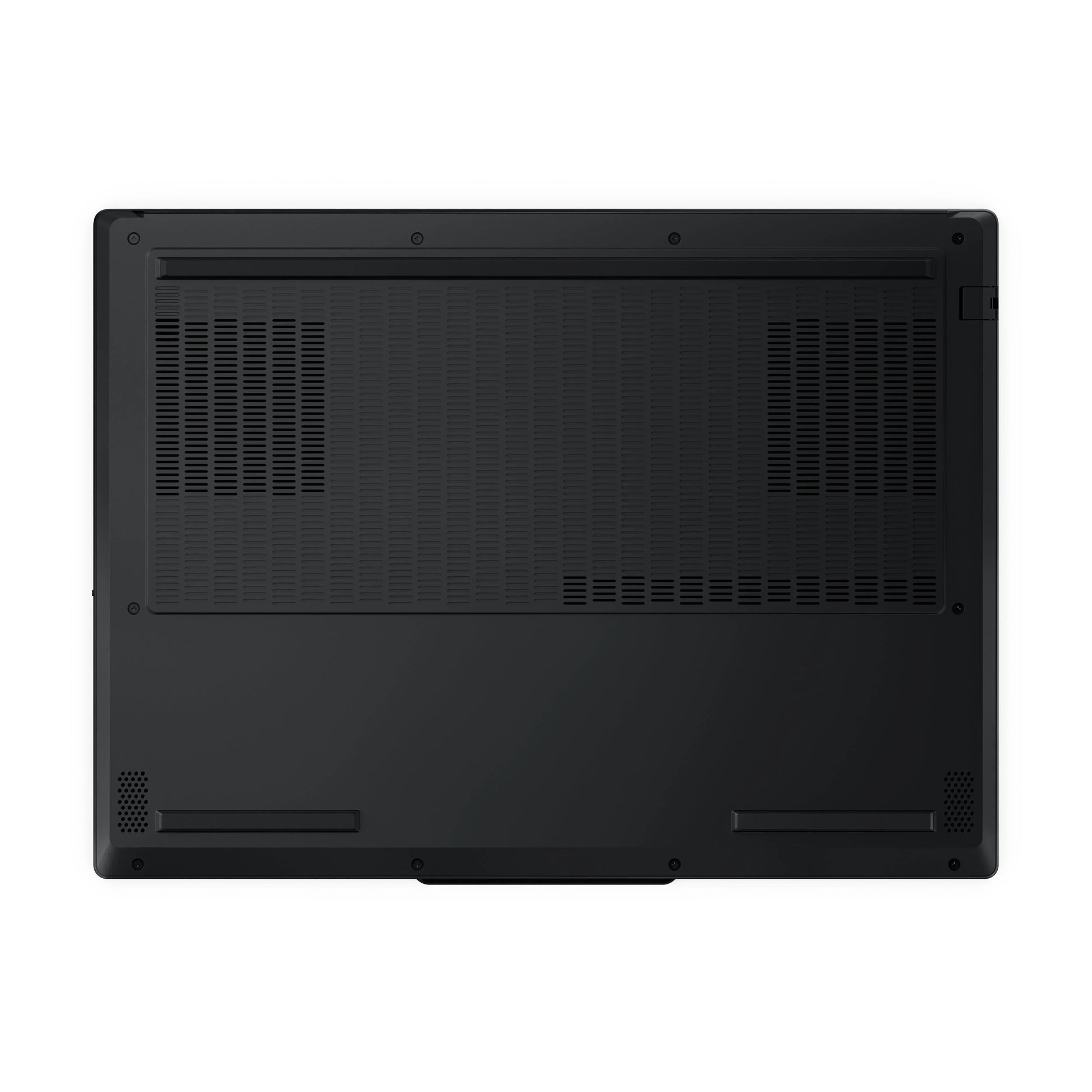 Bottom view of black gaming laptop with large ventilation grilles and speaker vents