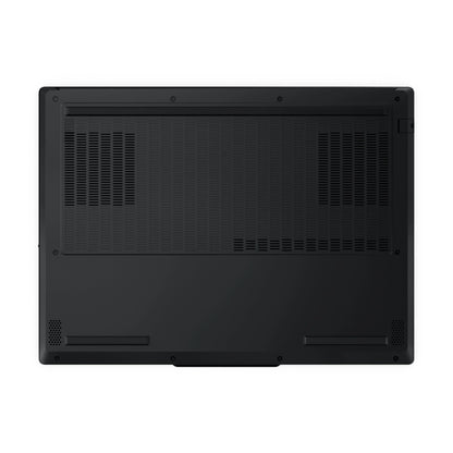 Bottom view of black gaming laptop with large ventilation grilles and speaker vents